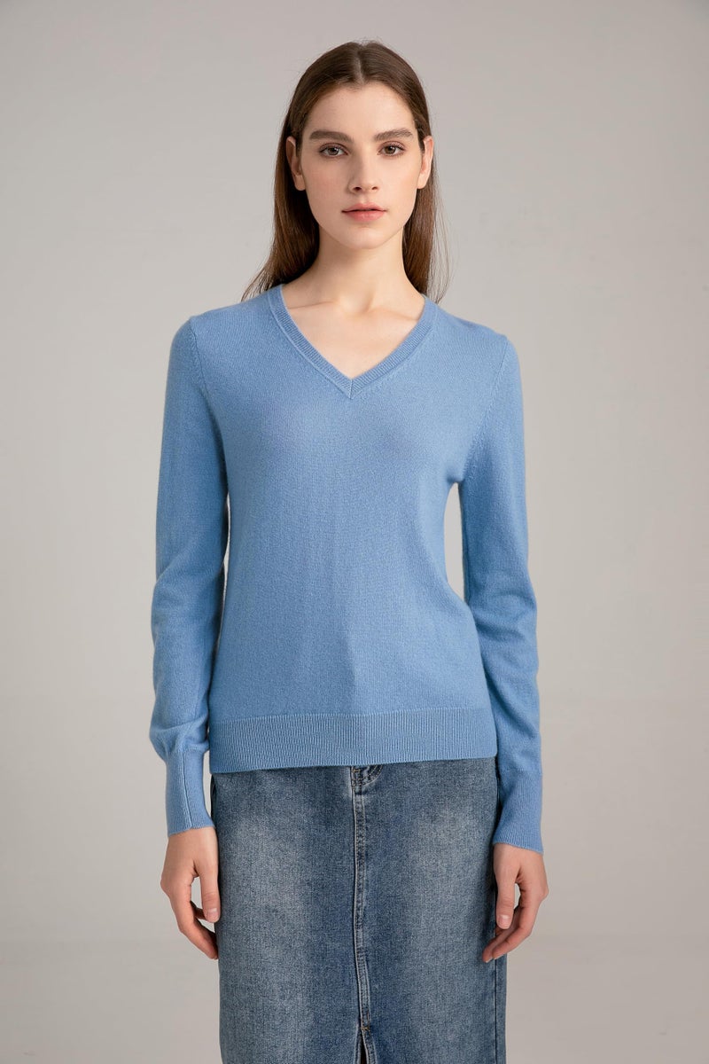 State Cashmere Womenâ€™s Essential V-Neck Sweater 100% Pure Cashmere Classic Long Sleeve Pullover (Bella Blue, Medium) - Image 2